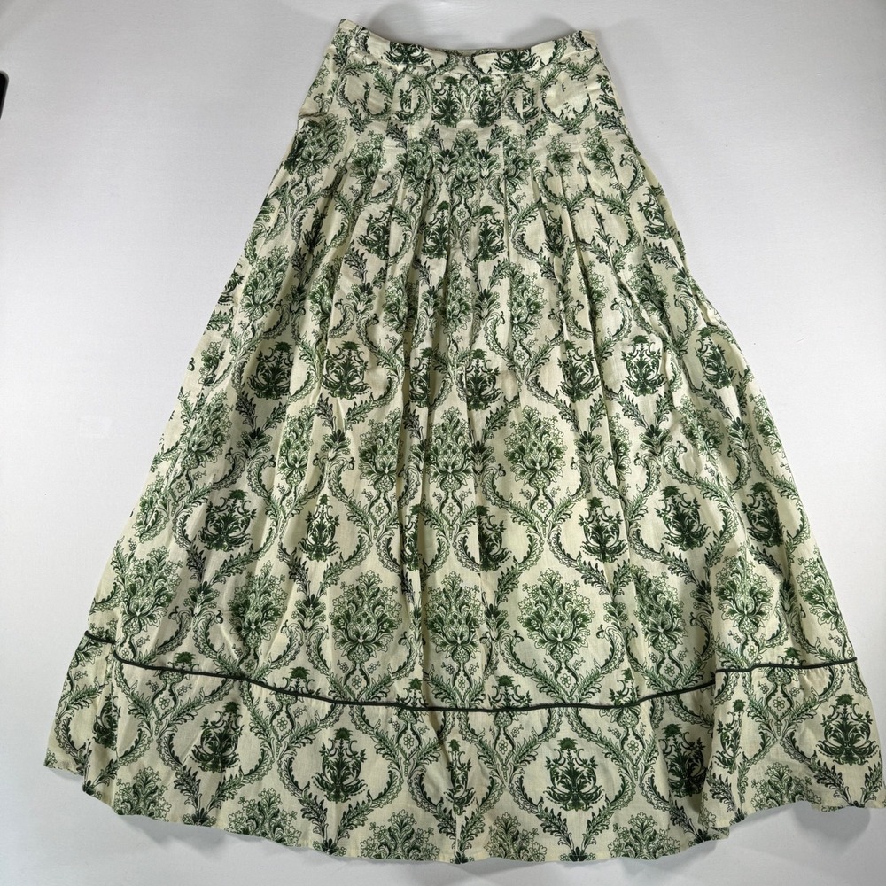 Mason's Daughter Maxi Skirt Women's XS Green Damask Floral Linen Blend Pleated